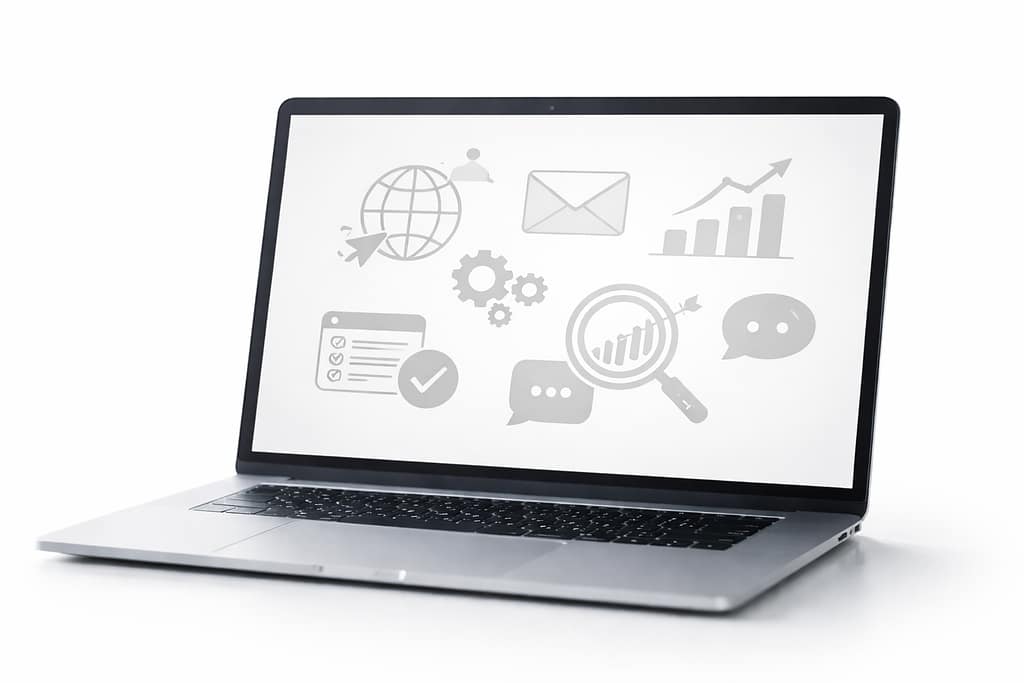 Laptop mit hellgrauen Internet und Webseitenbetreuung Icons auf dem Bildschirm als Hero Bild für Webdesign Startseite