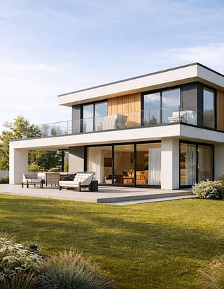 Modernes Fertighaus-Bild mit zwei Gebäudeteilen, Baum und abstrahierter Sonne als Symbol für Hausbau und Fertighäuser